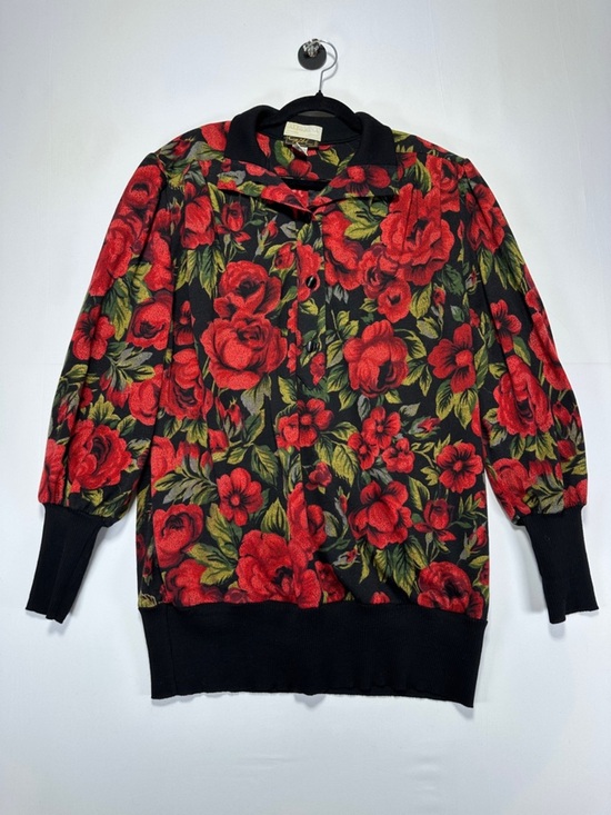 Gibi Roma Sweaters - Vintage Gibi Roma Wool Floral Tunic Blouse Red Rose Print Collared Top 12